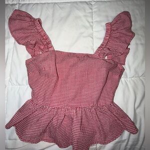 Red Gingham Ruffle Sleeve Blouse
